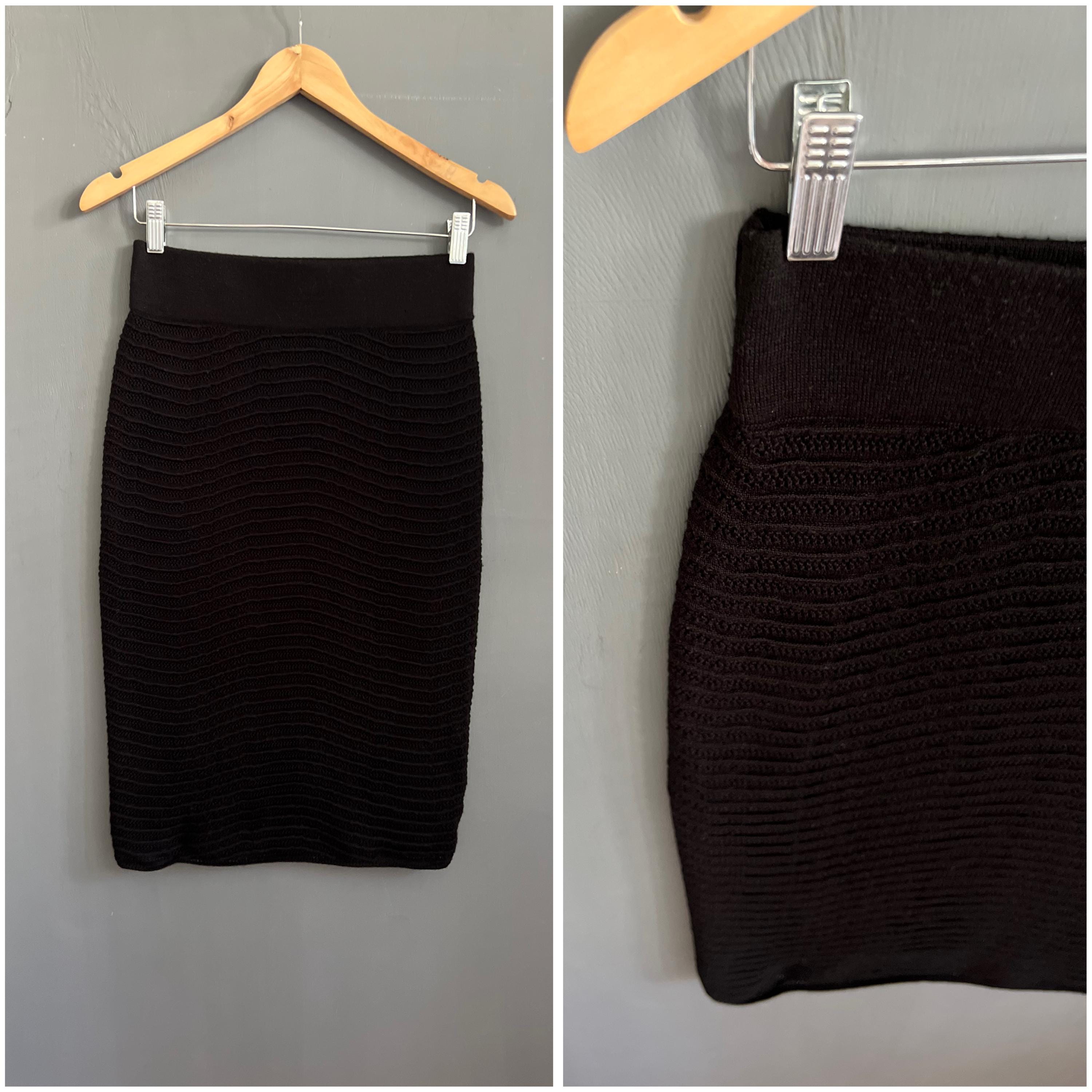 H&M, Vintage H&M Knitted Pencil Skirt Black Ribbed Textured Tight Elastic Waist Size S