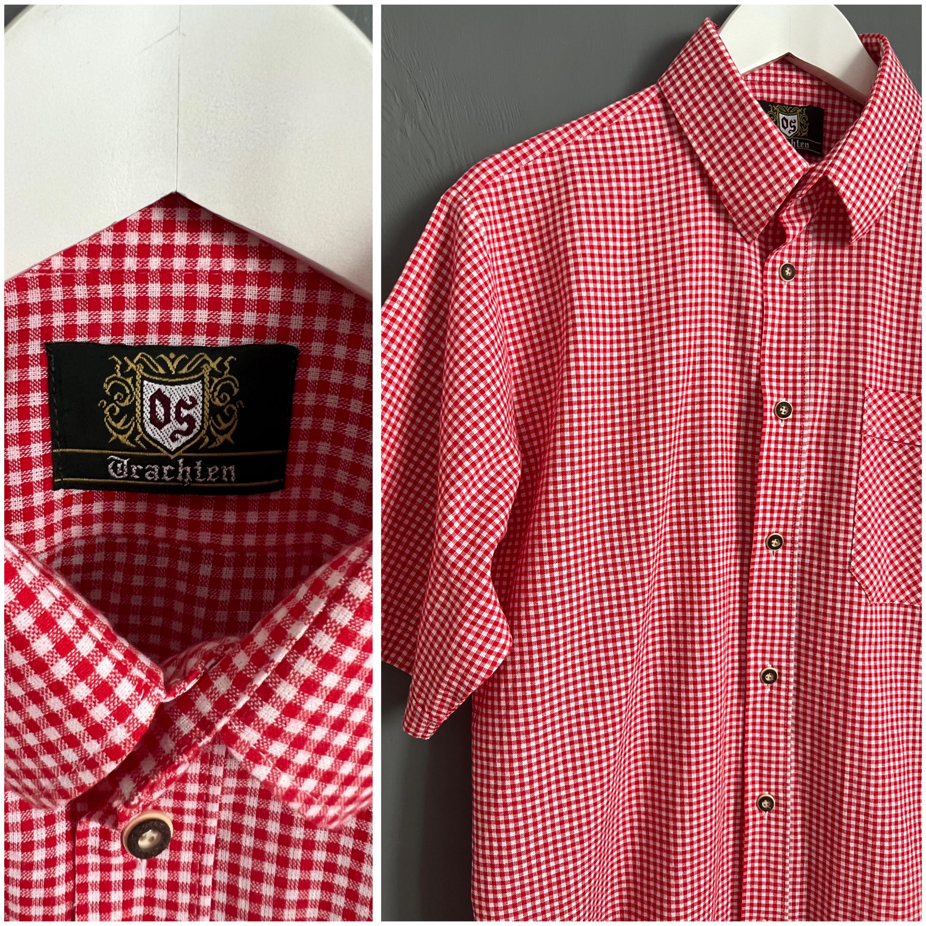 Vtg OS Trachten Gingham Dirndl Shirt Checkered Plaid Red Vtg OS Trachten Gingham Dirndl Shirt Checkered Plaid Red