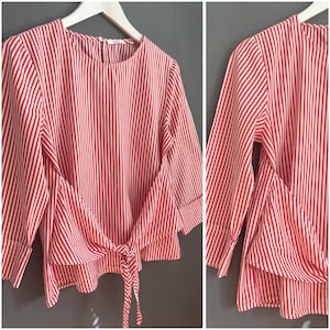 Vtg Striped Deconstructed Blouse Red & White All Cotton Ladies Shirt Crew Neck Front Tie Button Back Top Summer Breathable Resort Retro S-M