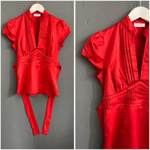 Vtg Sweet Satin Blouse Scarlett Red Polyester Ladies Shirt Split Neck Puffed Short Sleeve Back Tie Cocktail Elegant S