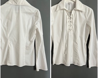 Vintage 90’s Le Chateau Made in Canada Lace Up Blouse White Cotton Women’s Shirt Side & Sleeve Slits Flared Sleeve Collared Feminine Size M