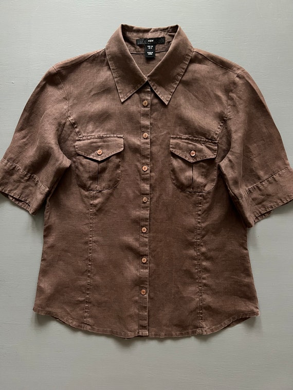 Vintage H&M All Linen Blouse Chocolate Brown Women's Shirt