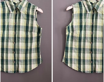 Blusa vintage a cuadros dulce de algodón verde y blanco de tela arrugada, camisa para mujer con cuello, sin mangas, abotonada, regalo informal de verano para ella M