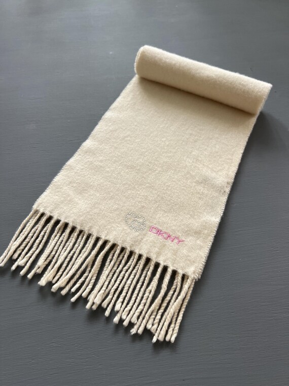 Vtg DKNY Sweet Wool Scarf Ivory Cream Embroidered Logo Shawl