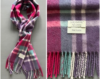 Sciarpa vintage LOSHMERE in cashmere rosa fusione plaid rosa menta bianco lavanda scialle con frange scozzese a quadretti morbido e soffice silenziatore leggero