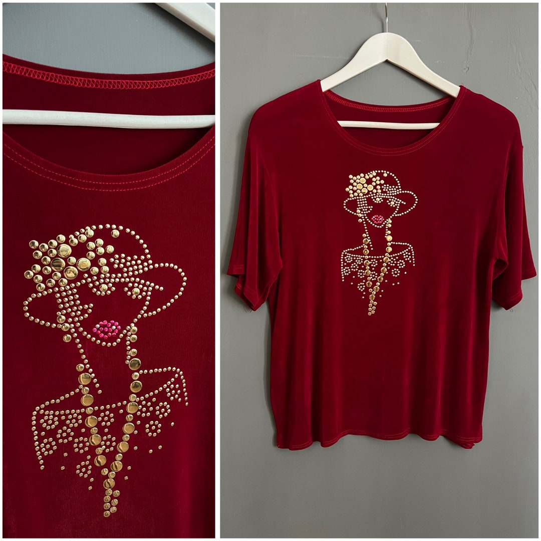 Vtg Made in Korea Camiseta de mujer Vino rojo Tela resbaladiza Top