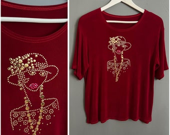 Vtg Made in Korea Camiseta de mujer Vino rojo Tela resbaladiza Top