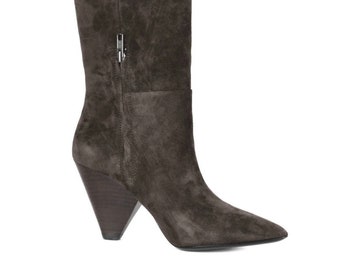 ASH Doll Mid Calf Boots, Military Green Suede Cone Shape Heel Lower Side  Zip Fastening Panel Stitching Detail Boots, Heel cm inches