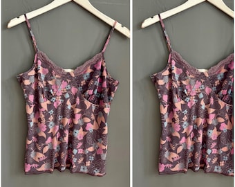 Vintage Y2K 2000's Mesh Lace Tank Floral Pink Blue Brown