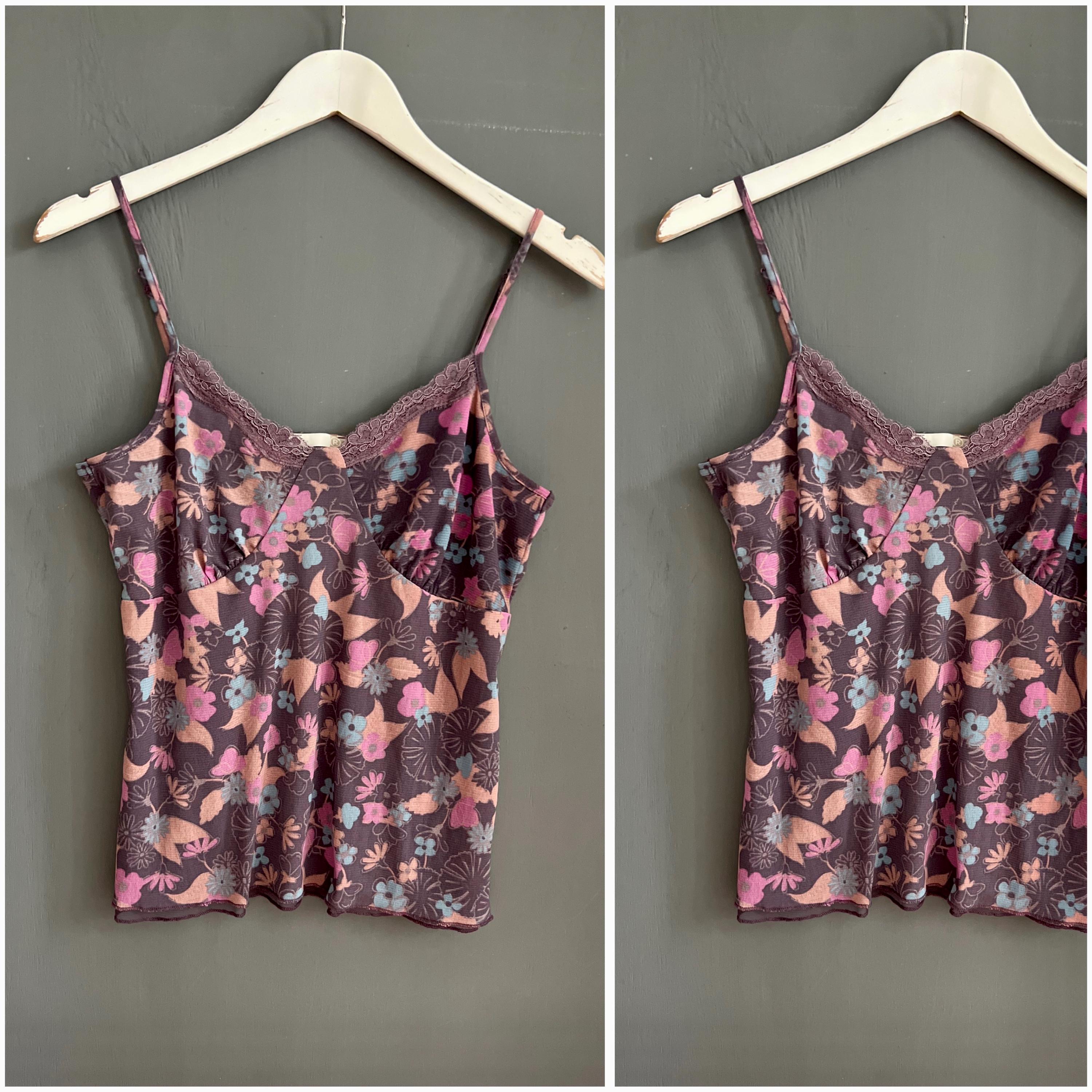 girly vintage Vintage Y2K 2000's Mesh Lace Tank Floral Pink Blue Brown