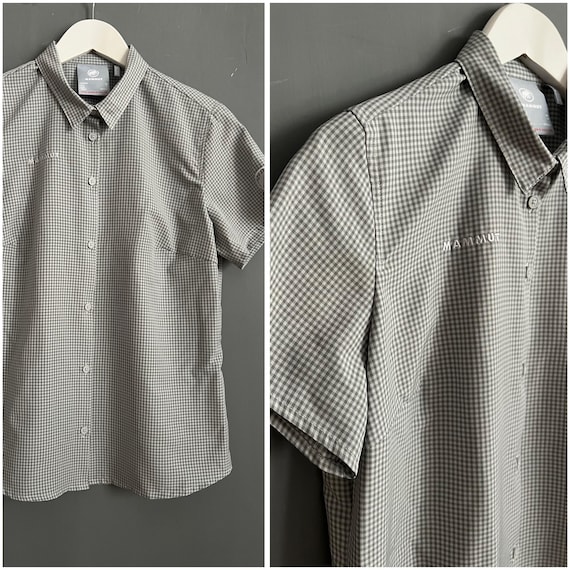 Mammut, Vtg Mammut Blouse Checkered Gray Khaki Polyester Ladies Shirt Collared Short Sleeve Buttoned Top Casual Alpine Climbing Summer Retro Sz M