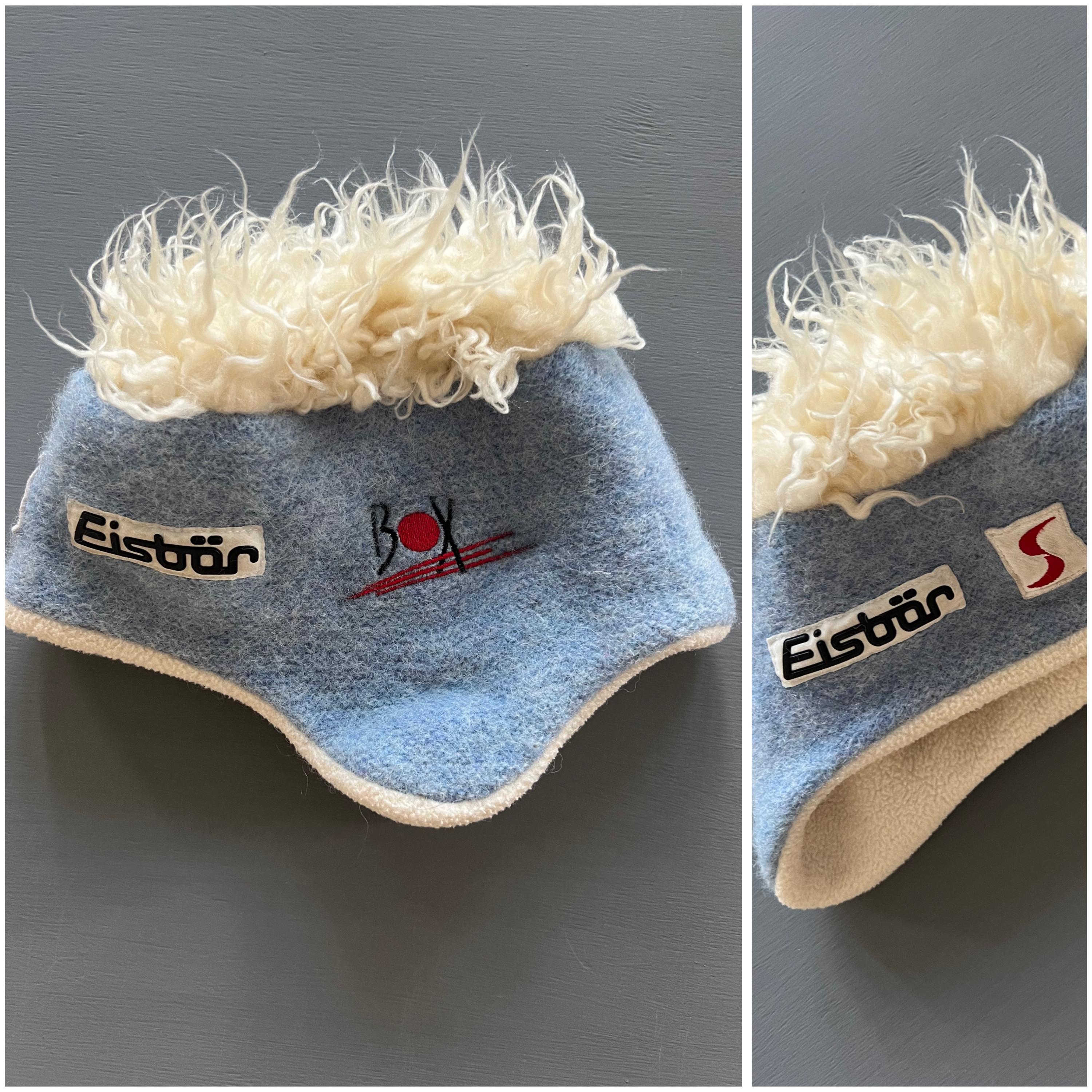 Vtg Eisbar Beanie Hat Baby Blue Ivory Red Black Merino Wool Fleece