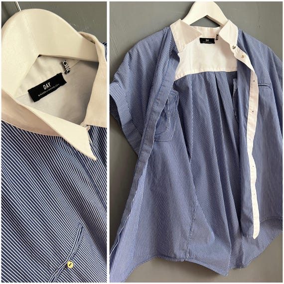 Vtg DAY Birger Et Mikkelsen Blouse Blue & White Cotton Ladies Shirt Contrast Collar Short Sleeve Chest Pockets Top Relaxed Loose Fit Retro S
