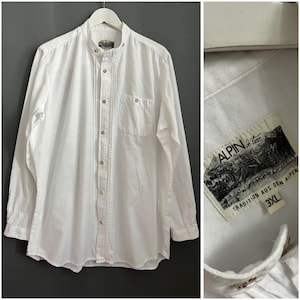 Vtg Alpin de Luxe Sweet Trachten-skjorta Vit bomull Herr Dirndl-topp Standkrage Knäppt Långärmad Påsydd Bröstficka Oktoberfest 3XL