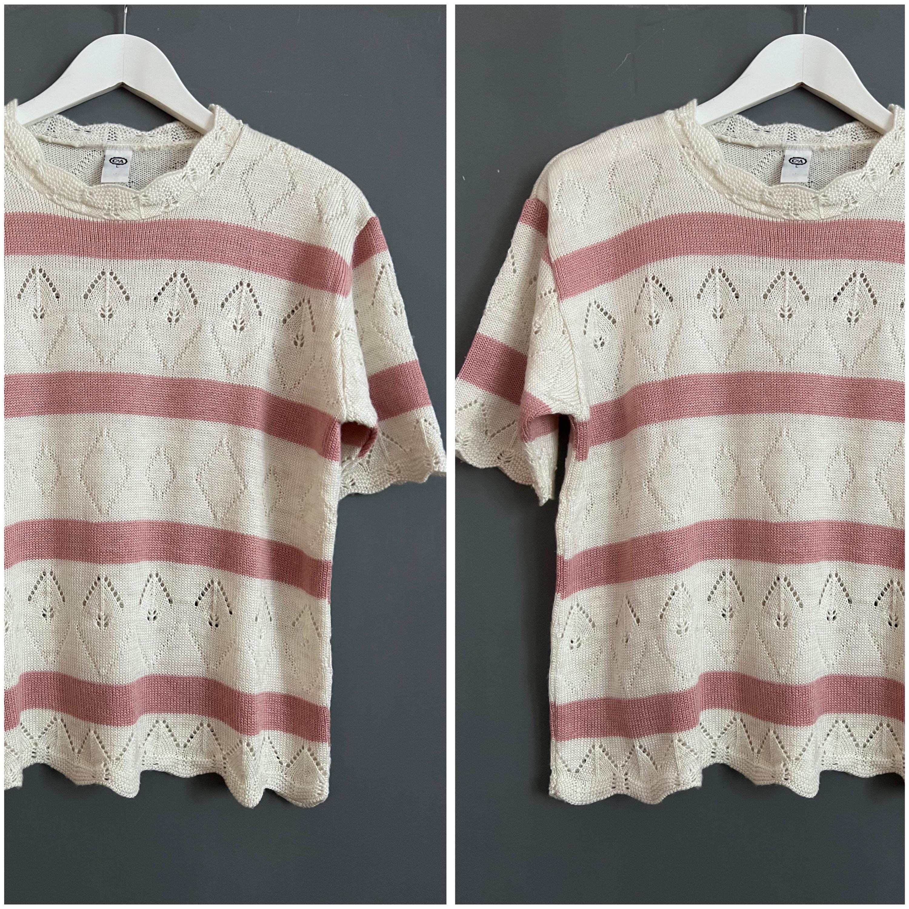 Vtg Sweet Romantic Eyelet Sweater Ivory Dusty Pink Linen Blend Knitted Pullover Crew Neck Short Sleeve Top Feminine Grandma Retro Vibe Sz L