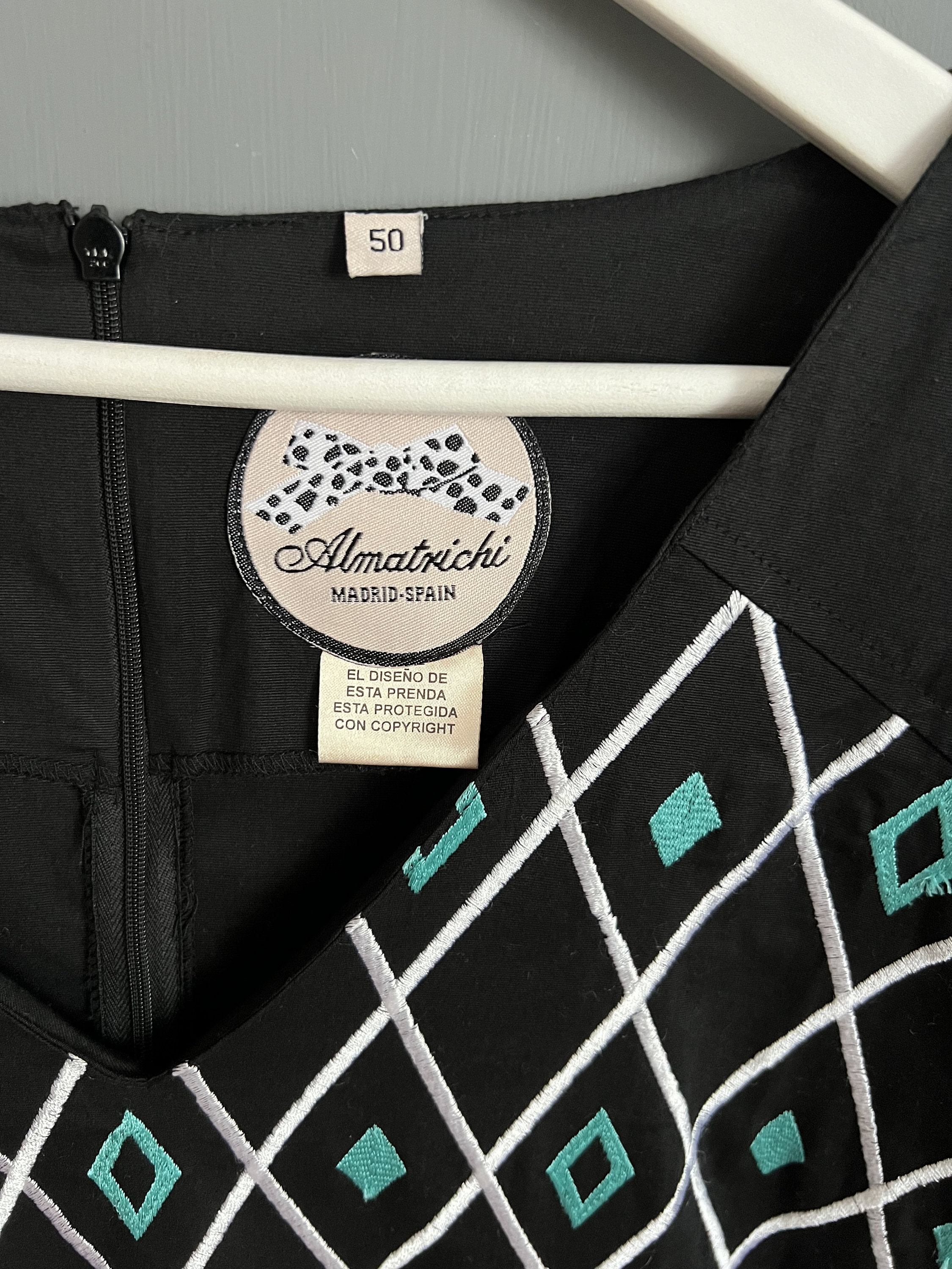 Vintage Almatrichi Madrid Spain Pencil Dress Black Turquoise White Cotton Front Embroidered Back Zippered Deep V neck Formal Dress EU50 US18 Etsy Ireland