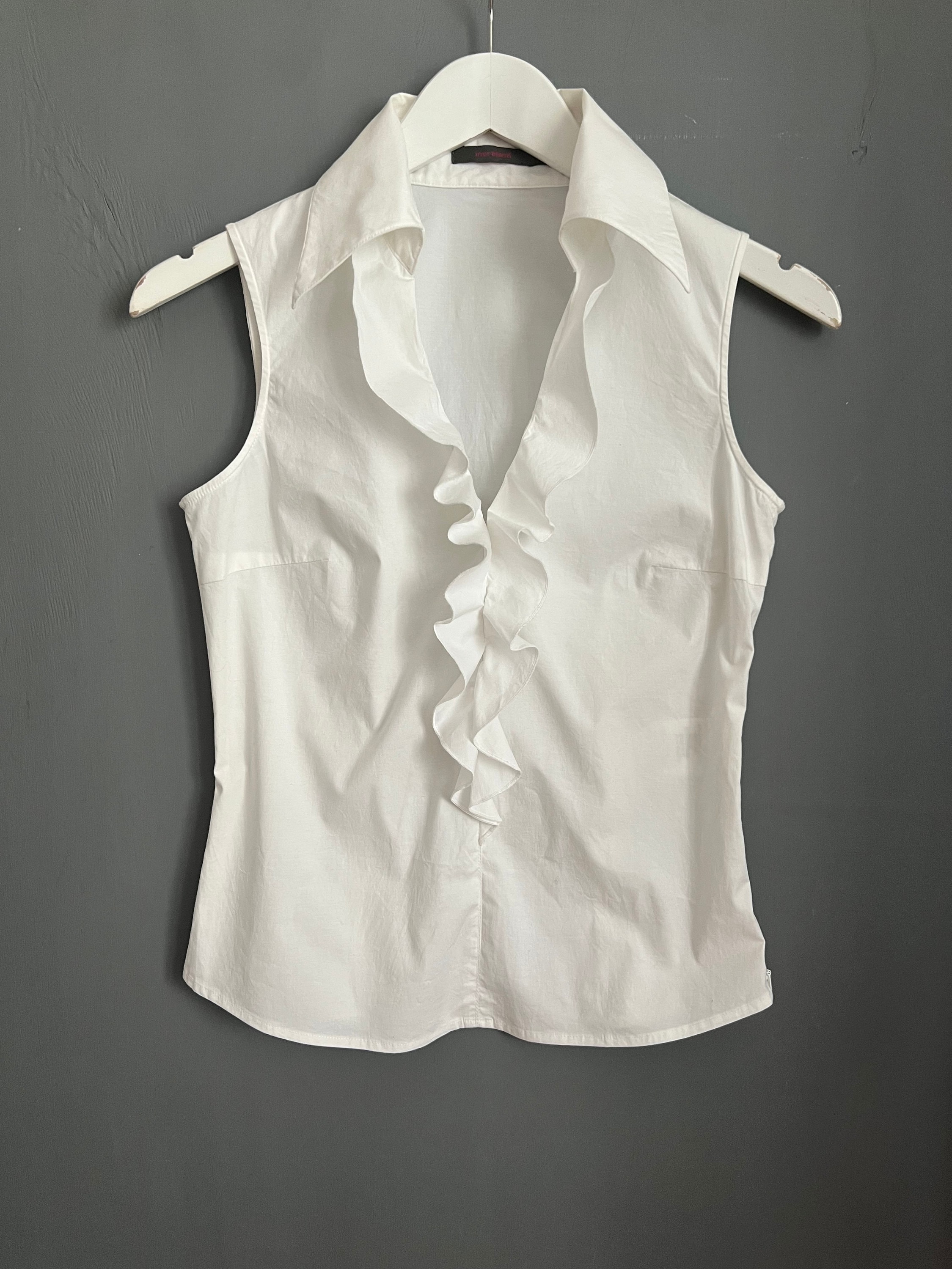 Vtg Moreland Frill Blouse White Cotton Ladies Shirt Sleeveless 