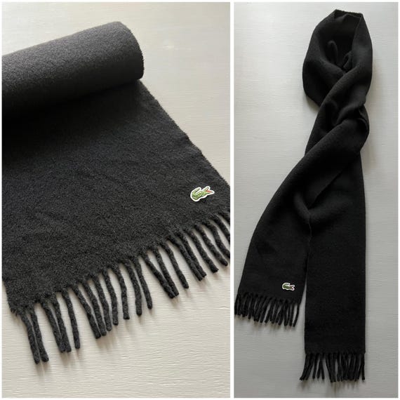 Vtg Lacoste Wool & Cashmere Scarf Black Shawl Rectangular Fringed