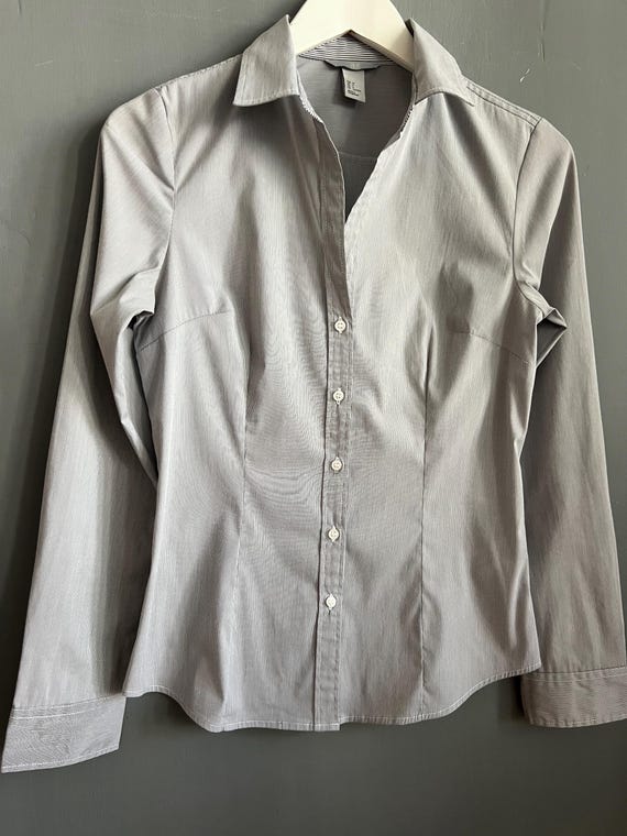 h&m dress shirts women H&M LOGG Women's Short Sleeve Button Down Shirt Size L Blue White Striped  Cotton
