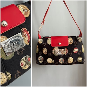 Deadstock 90's Gobelins Art Under Arm Baguette Monogram Textiel Echt lederen schoudertas Rood & Zwart Bedrukte handtas Boxy Kleurrijk Retro