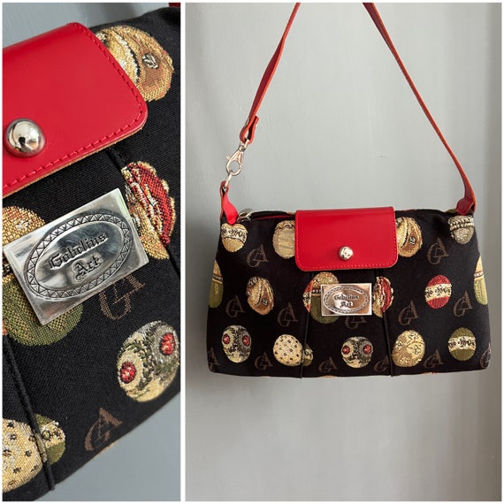Deadstock 90s Gobelins Art Under Arm Baguette Monogram Textile Genuine Leather Shoulder Bag Red Black Printed Handbag Boxy Colorful Retro Etsy