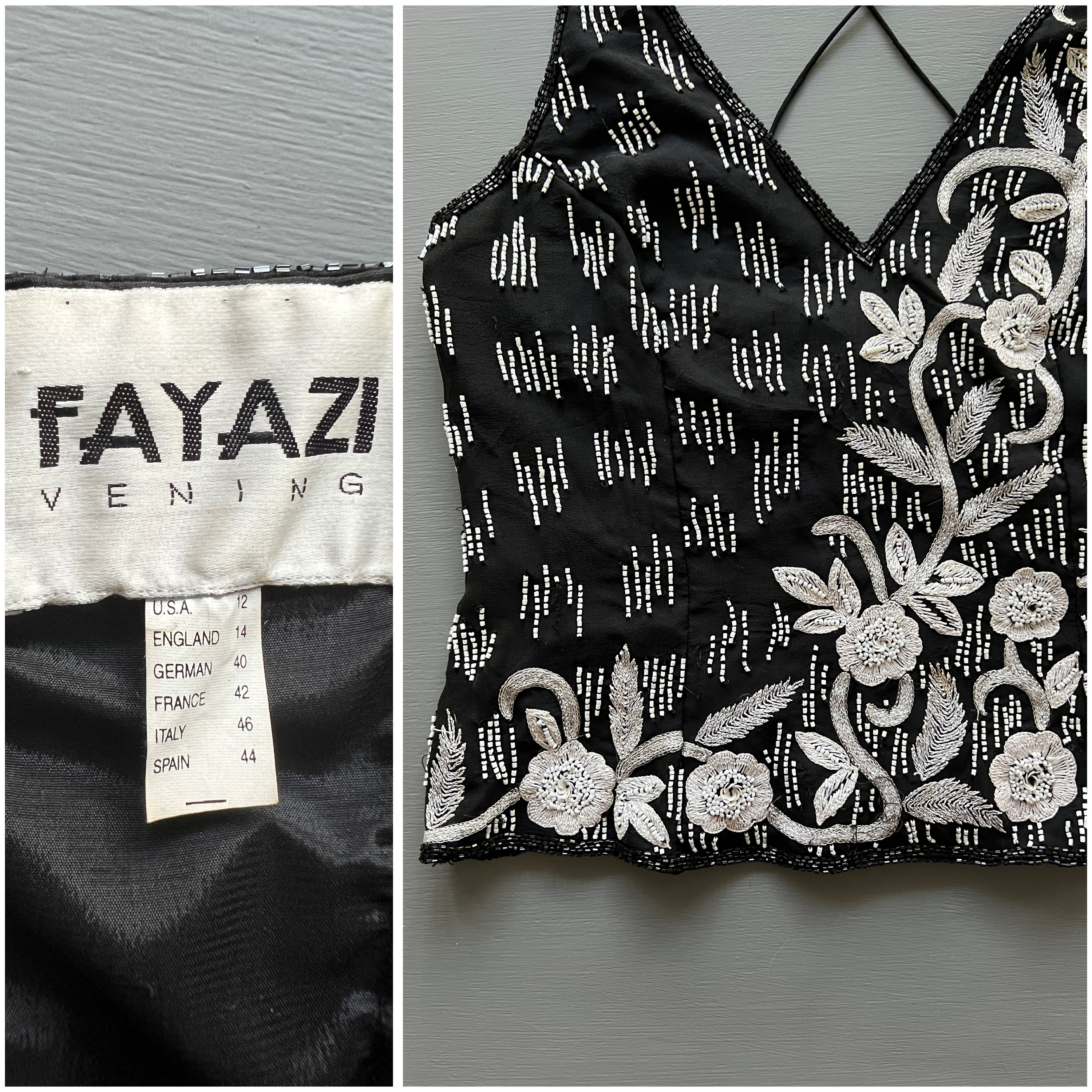 Vtg FAYAZI Evenings Silk Beaded Top Black Silver Embroidered