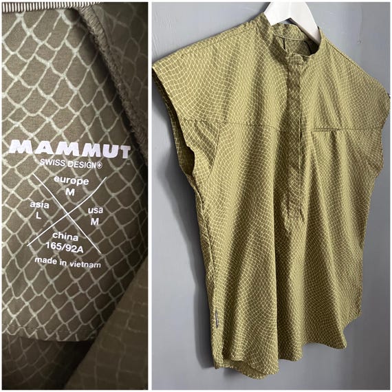 Mammut, Vtg Mammut Top Khaki Polyester & Polyamide Ladies Shirt Stand Collar Half-Buttoned Short Sleeve Back Slit Blouse Casual Sportswear Retro M