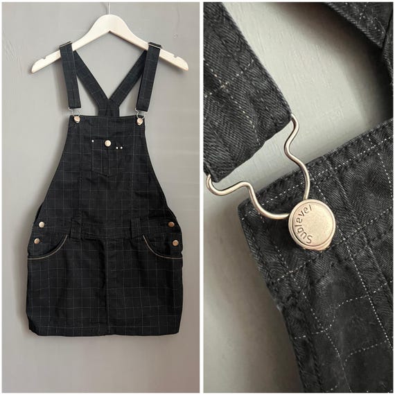 Robe chasuble en denim VTG Mini robe brodée en coton à carreaux