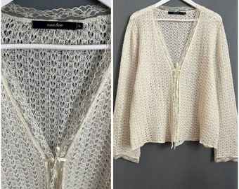Vintage Knitted Crochet Pattern Cardigan Ivory White Wool Blend Top Lace Stones Straps Sweater Feminine Retro Vibe Bolero Pullover Sz XL-0X