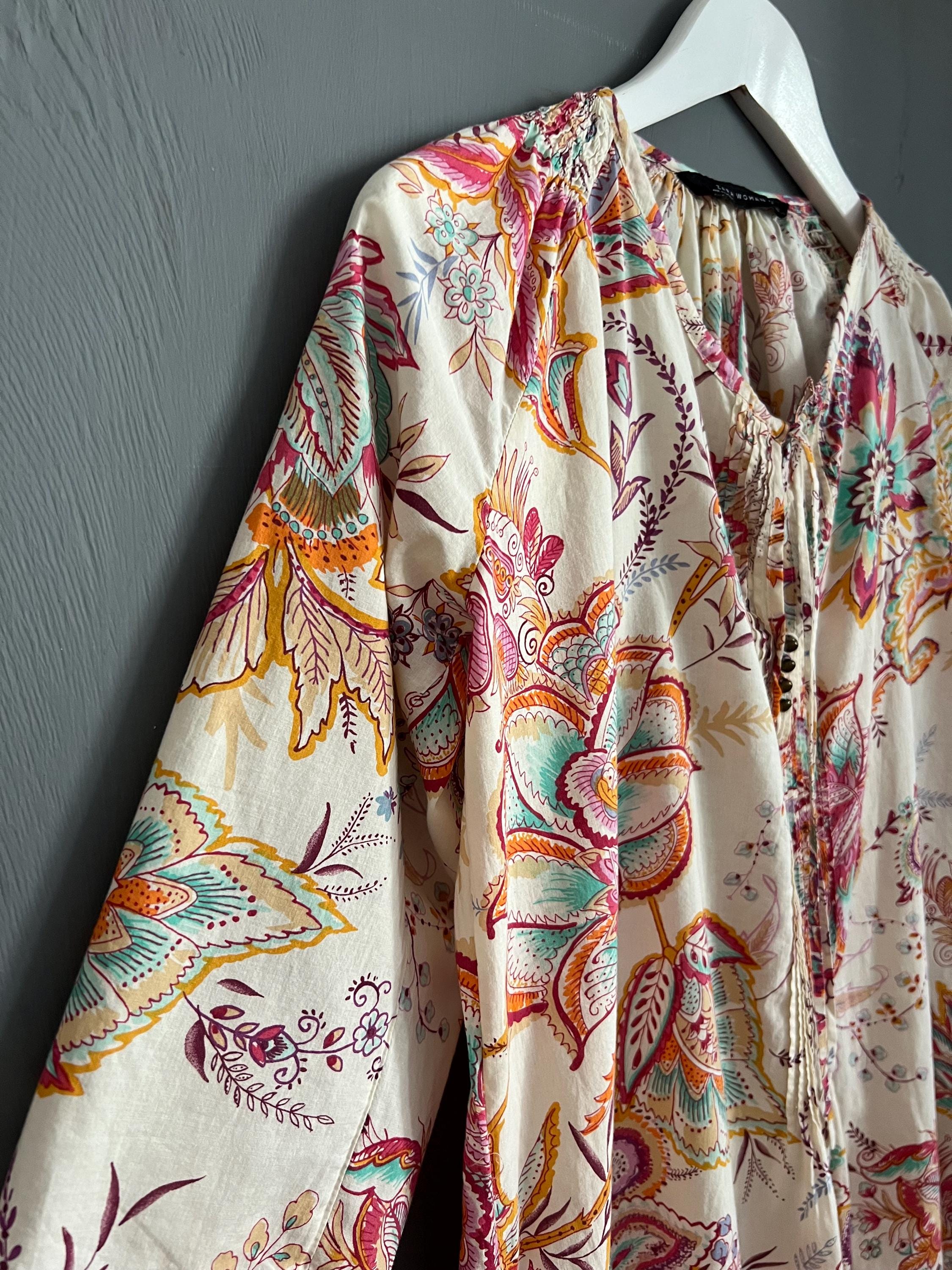 Vtg Zara Tunic Pink Mint Baby Blue Orange Cream Floral Print