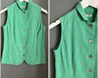 Vtg DoiTung Blouse Green Textured Fabric Cotton Ladies Shirt Shell Buttons Front Pockets Sleeveless Top Summer Breathable Rustic Retro Sz S