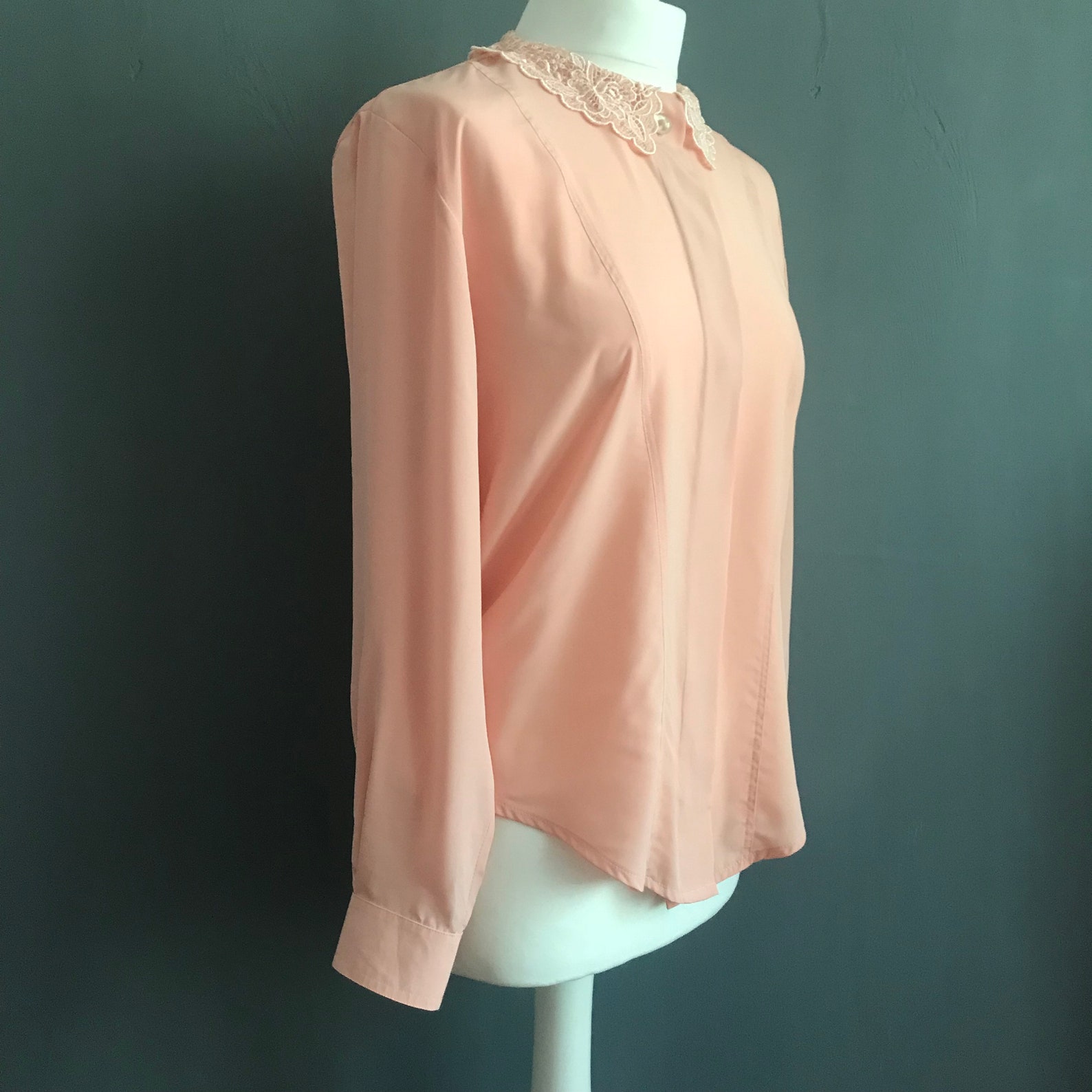 Vintage Peach Poet Blouse, Pink Lace Collar Blouse, Collared Long