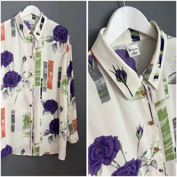 Vtg Divina of Switzerland Blouse Purple Green Orange Ivory Floral