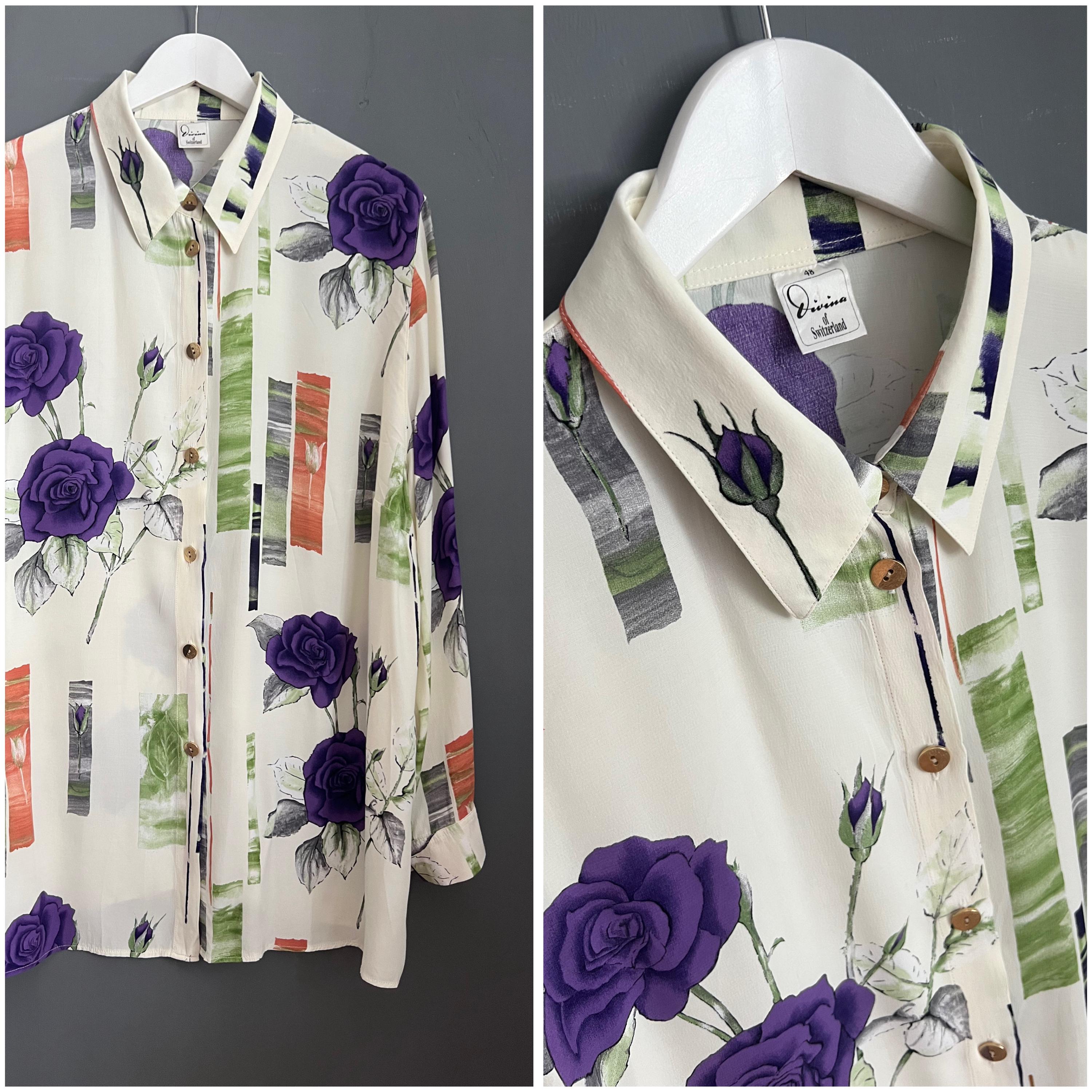 Vtg Divina of Switzerland Blouse Purple Green Orange Ivory Floral