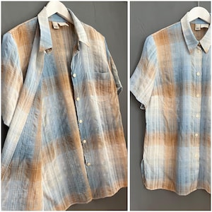 VTG Leinen & Viskose Bluse Blau Weiß Braun Damen Shirt Kragen Schulter Gepolsterte Kurzarm Button Up Side Slits Top Sommer Atmungsaktiv XL