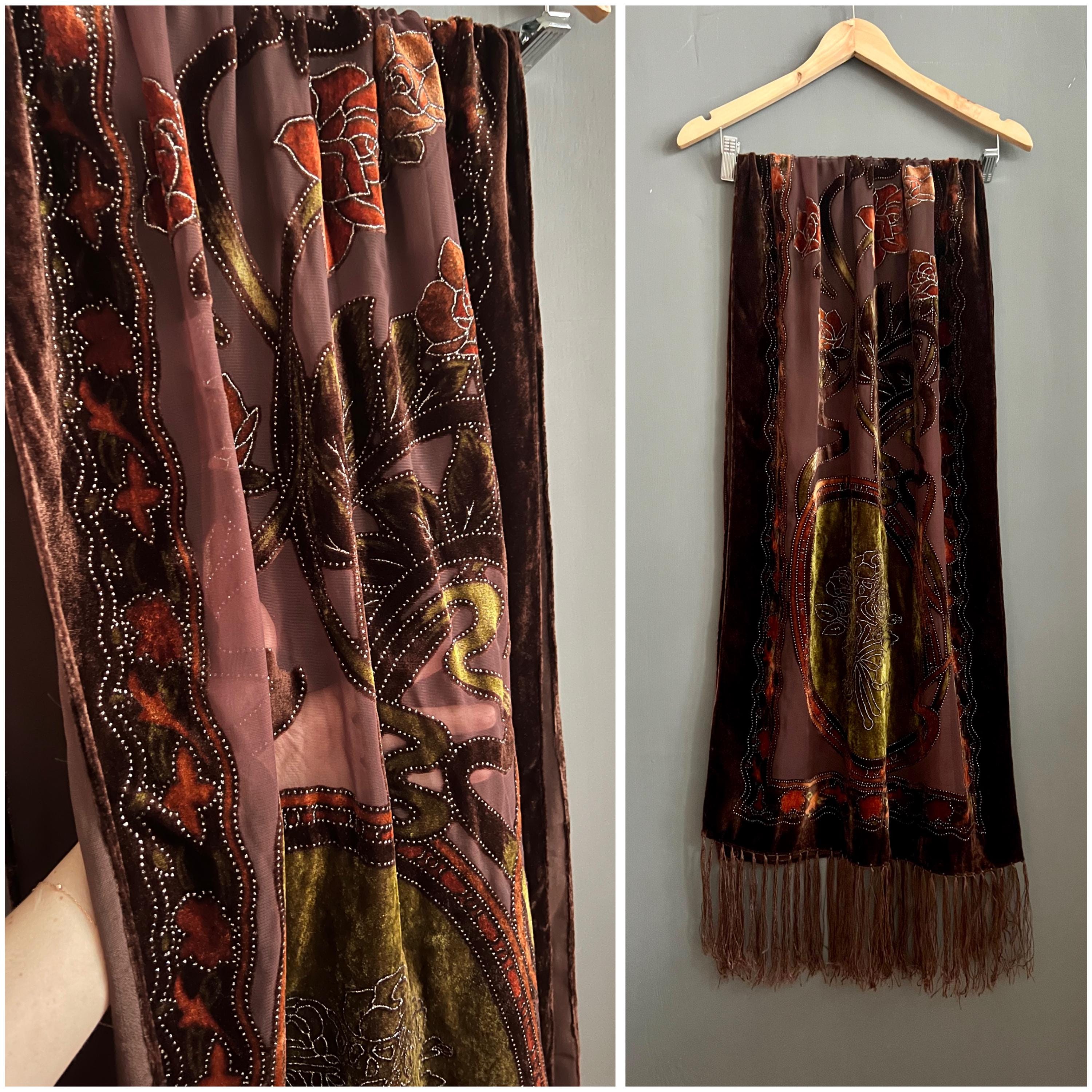 Vtg Sweet Burn Out Velour Velvet Shawl Brown Khaki Orange Ladies Scarf Rectangular Fringed Translucent Wrap Elegant Evening Party Grandma