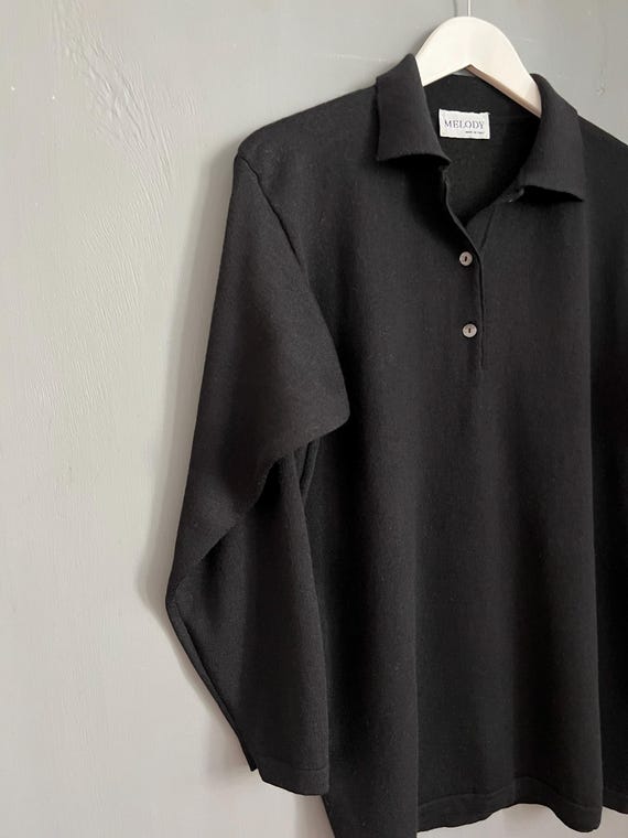 Vintage Made in Italy All Wool Polo Sweater Black Knitted Pullover 