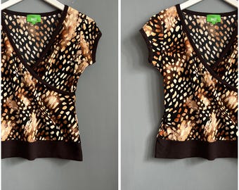 Blusa vintage francesa con estampado abstracto, color marrón chocolate y blanco, de poliéster, cuello en V, manga corta, estilo retro, tallas M-L