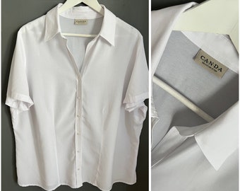 Vtg CANDA Viscose Blouse, White Top, Collared Buttoned Short Sleeve Side Sleets Waisted Shirt, Relaxed Fit Party Boxy Blouse, Size 3XL-4XL