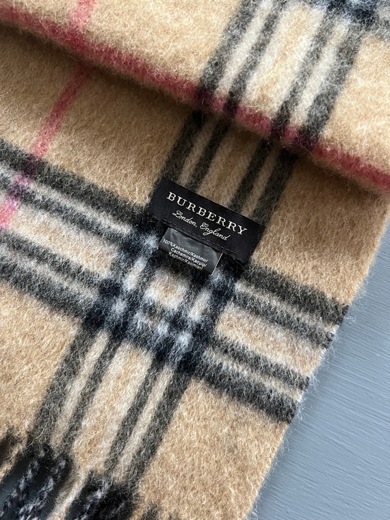 Authentic Burberry Cashmere Scarf Camel Plaid Whi… - image 4