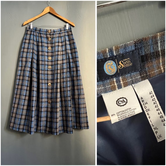 Vtg C A Your Sixth Sense Wool and Cotton Pleated Skirt Front Button Down Midi Skirt Blue Brown White Plaid Skirt Designer Skirt L XL Etsy UK