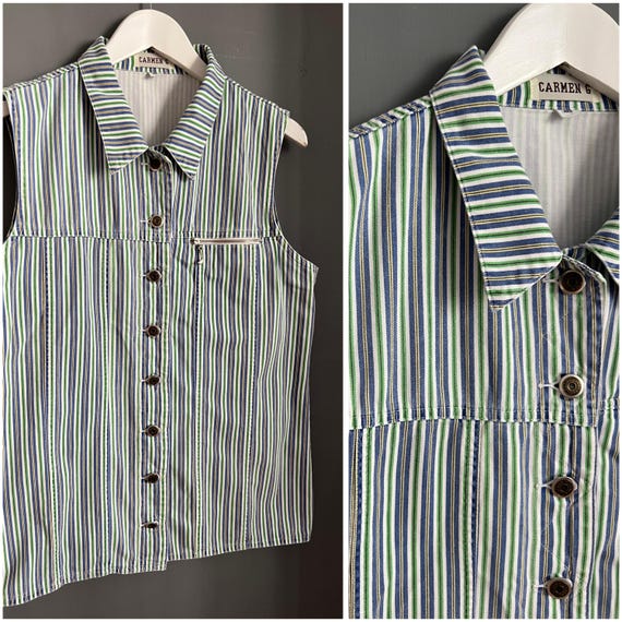 Vtg Striped Vest Green Blue Yellow White All Cotton Ladies Top