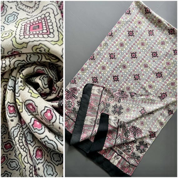 Vtg Huge Block Printed Shawl Rectangular Wrap Gra… - image 1