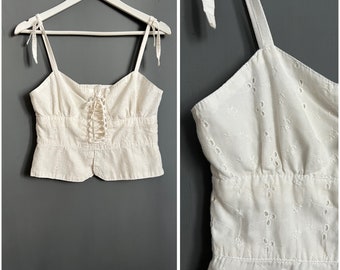 Vintage Made in France All Embroidered Corset Top White Cotton Spaghetti Strap Tank Top Lace Up Detail Back Zippered Summer Blouse Size S