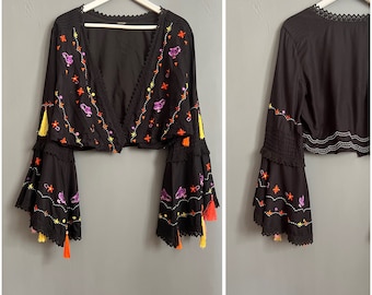 River Island Embroidered Bolero Black Purple Yellow Orange Viscose Top with Tassels and Crocket Flared Sleeves Deep V-Neck Non-Closure Sz L