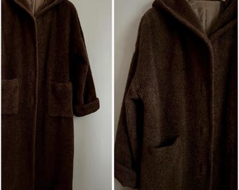 VTG ontspannen jas wol mohair angora chocoladebruin jack met capuchon, dichtgeknoopt lange verstelbare mouw midi warm zacht pluizig retro sfeer m-l
