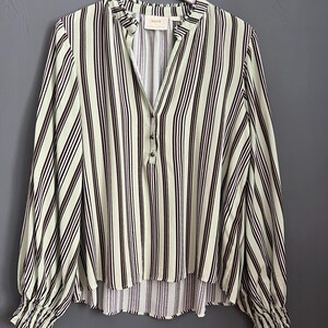 May include: A green and black striped long-sleeved blouse with a button closure and a ruffled collar. The blouse has a slightly gathered hemline and elastic cuffs.