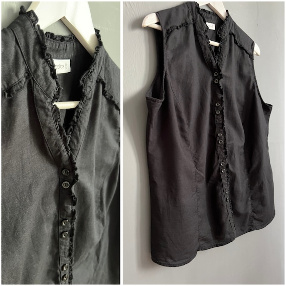 Chemisier Vtg Yessica by C A en lin et coton noir a volants sans manches boutonne flechettes pour femme haut d ete respirant feminin Royaume Uni 32 Etsy France