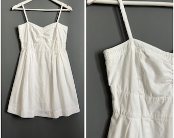 Vintage Weiß Korsett Mini Kleid Baumwolle Spaghetti-Trägern Zurück Reißverschluss Sommer Atmungsaktiv Resort Feminin Minimalistisch Rustikal Retro Größe S