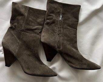 ASH Doll Mid Calf Boots, Military Green Suede Cone Shape Heel Lower Side  Zip Fastening Panel Stitching Detail Boots, Heel cm inches